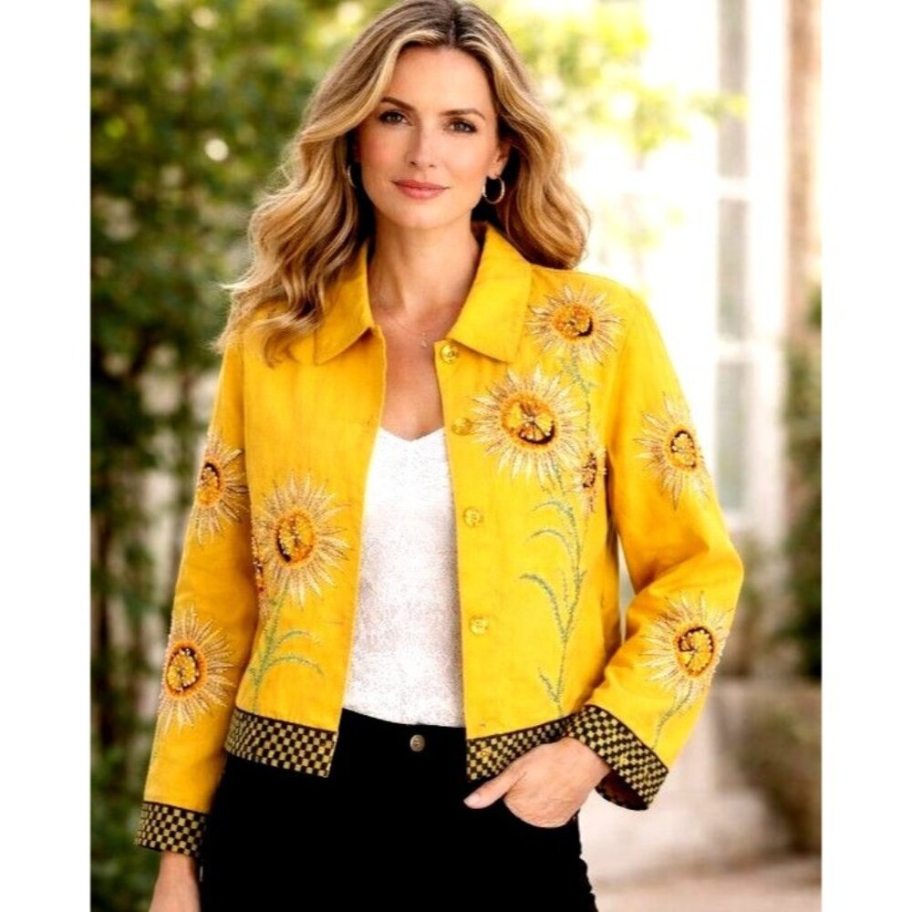 ANAGE S Sunflower Embroidery Beaded Heirloom Artesian Elevated Maximalist